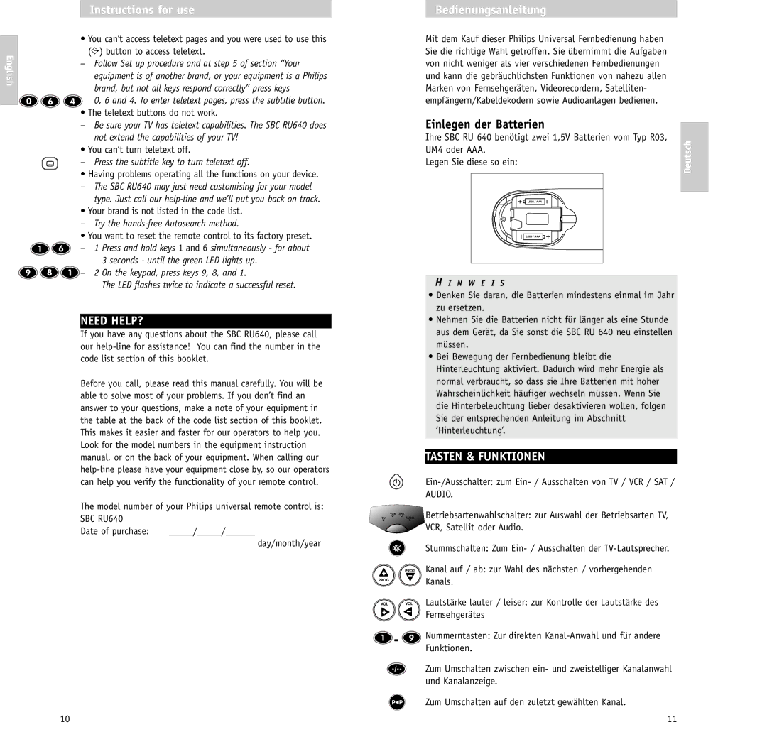 Philips RU640/00 manual Instructions for use Bedienungsanleitung, Einlegen der Batterien, Need HELP?, Tasten & Funktionen 