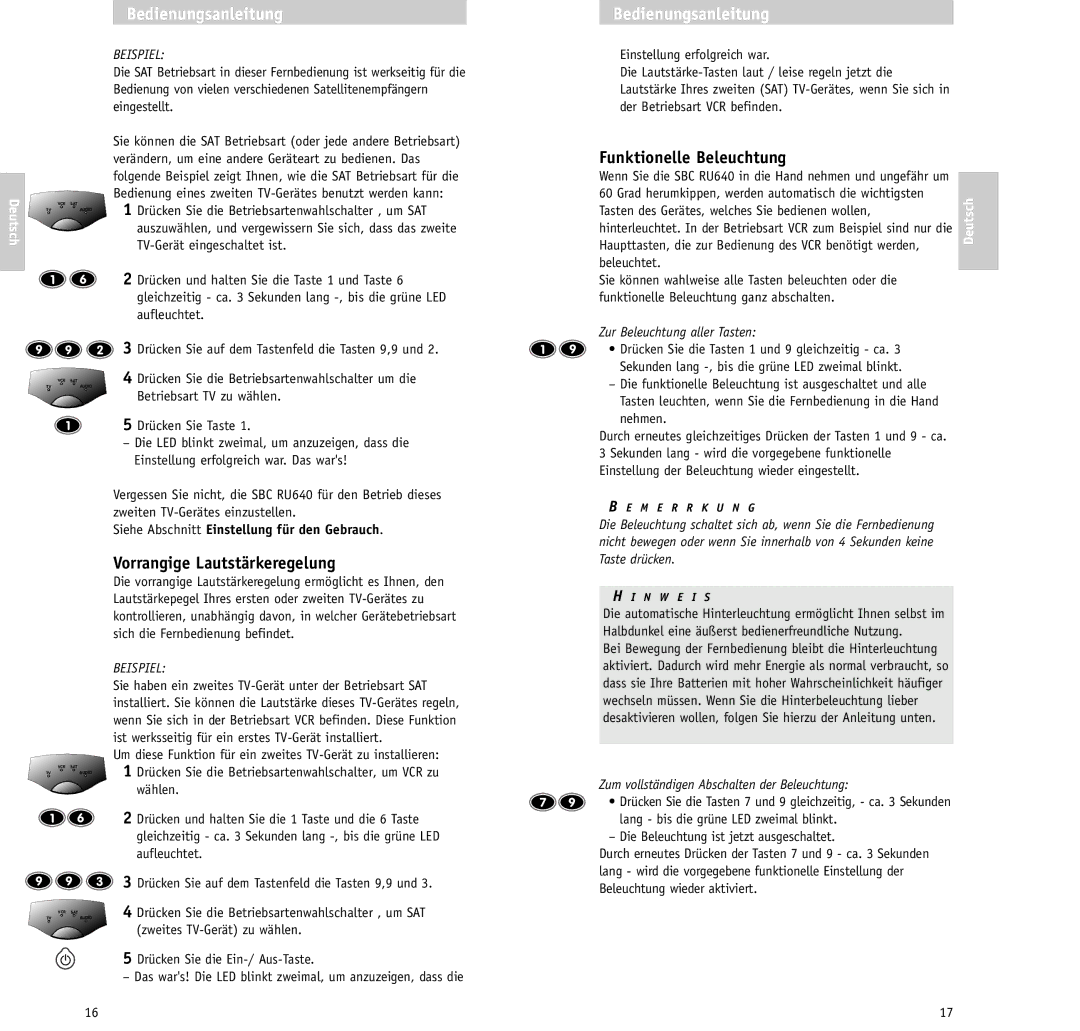 Philips RU640/00 manual Funktionelle Beleuchtung, Vorrangige Lautstärkeregelung, Beispiel, Betriebsart TV zu wählen 