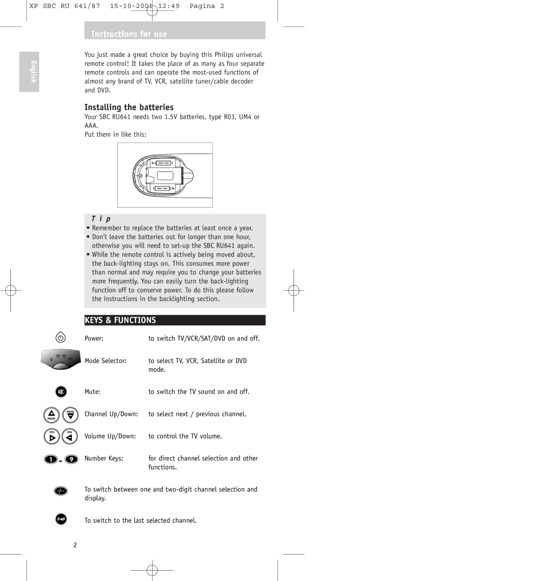 Philips SBC RU641/87 manual Instructions for use, Installing the batteries, Keys & Functions 