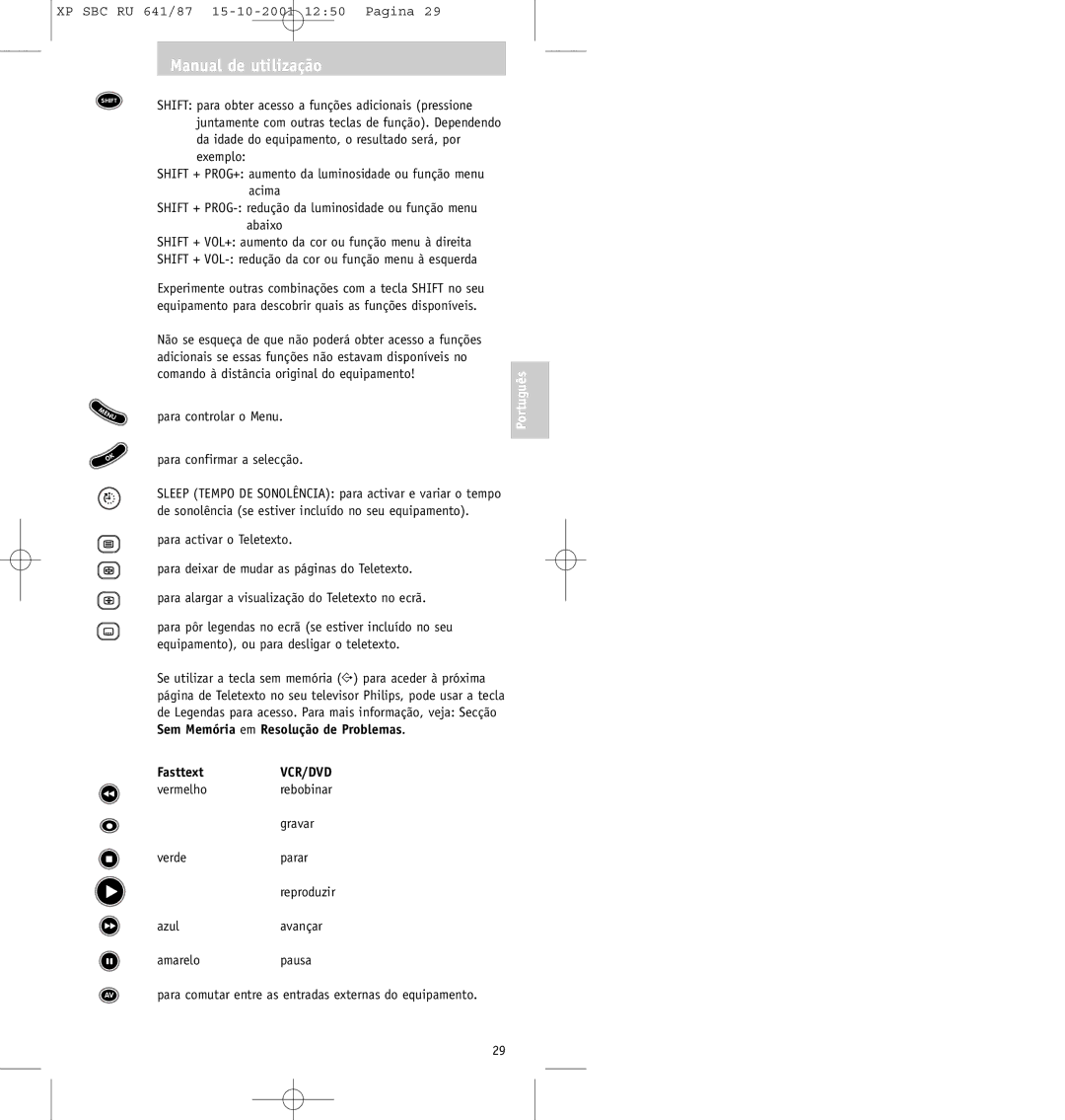 Philips SBC RU641/87 Para controlar o Menu, Para confirmar a selecção, Sem Memória em Resolução de Problemas Fasttext 