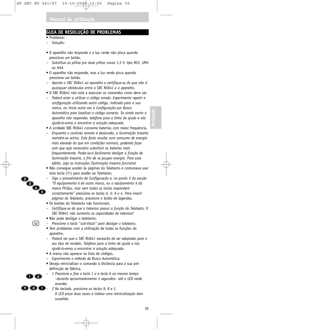 Philips SBC RU641/87 manual Guia DE Resolução DE Problemas, Solução, Experimente o método de Busca Automática 