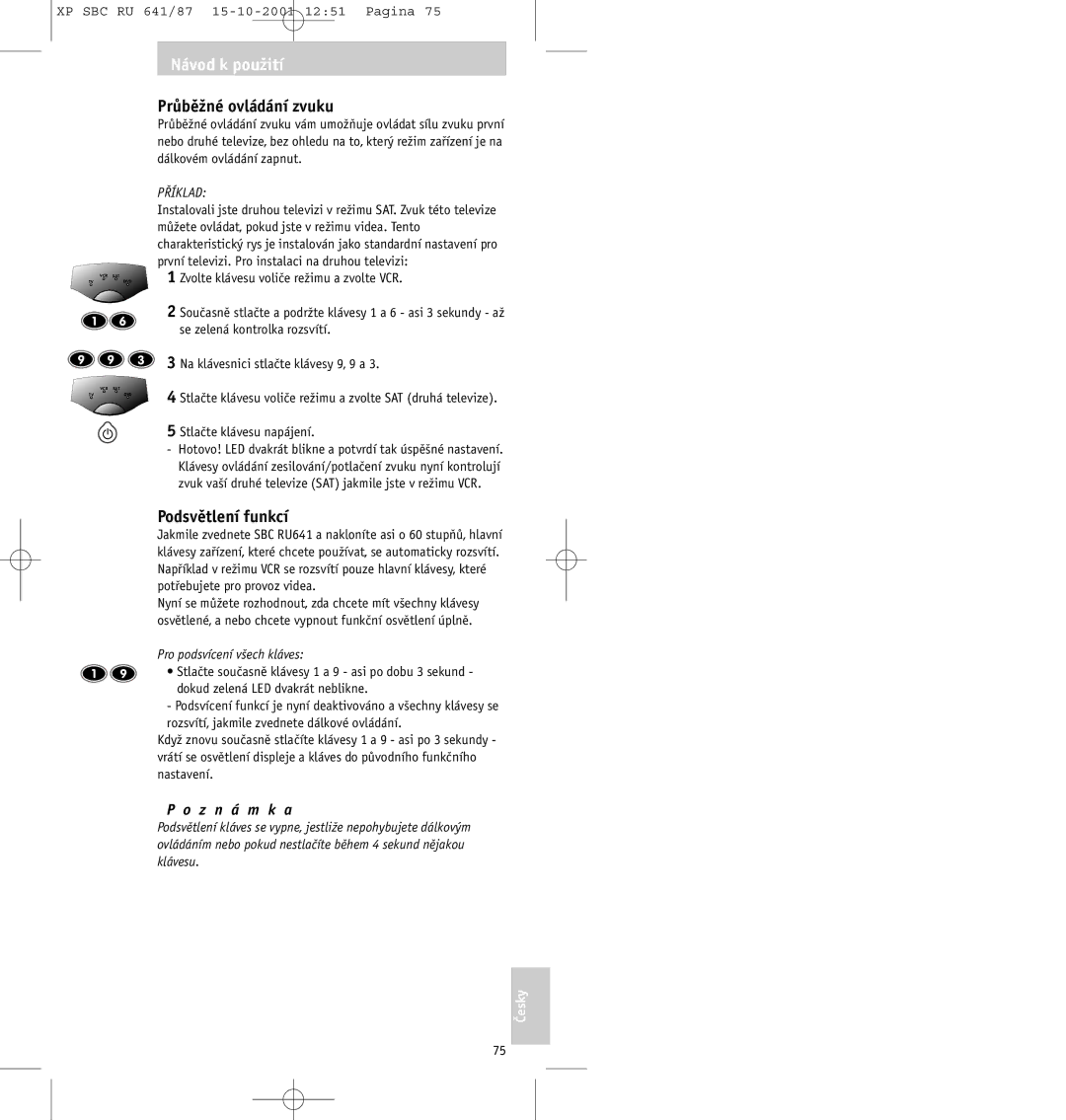 Philips SBC RU641/87 manual Průběžné ovládání zvuku, Podsvětlení funkcí 