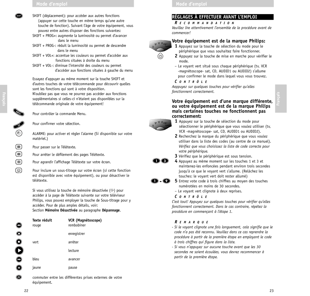 Philips RU/660/00 manual Réglages À Effectuer Avant L’EMPLOI, Français, Section Mémoire Désactivée au paragraphe Dépannage 