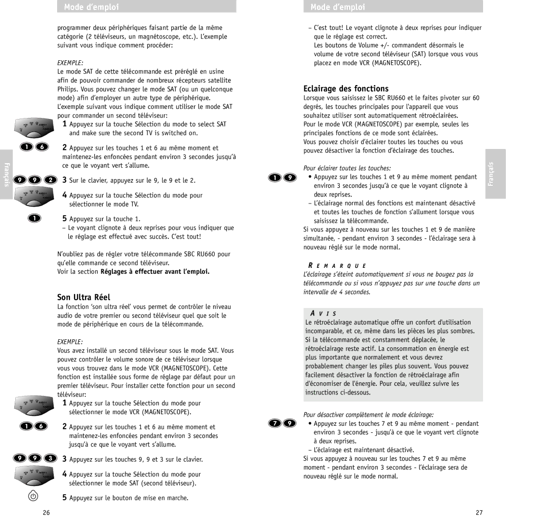 Philips RU/660/00 manual Eclairage des fonctions, Son Ultra Réel 