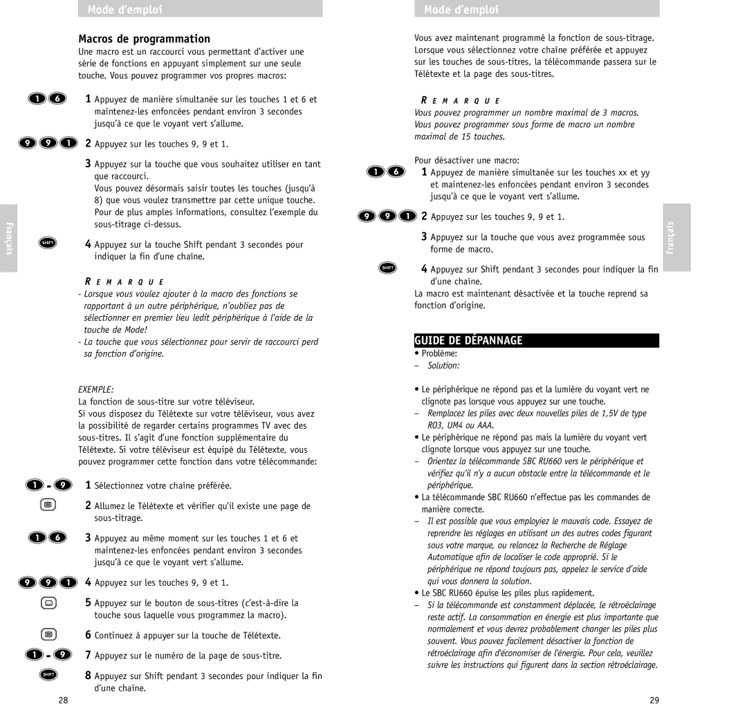 Philips RU/660/00 manual Macros de programmation, Guide DE Dépannage, Appuyez sur les touches 9, 9 et, Forme de macro 