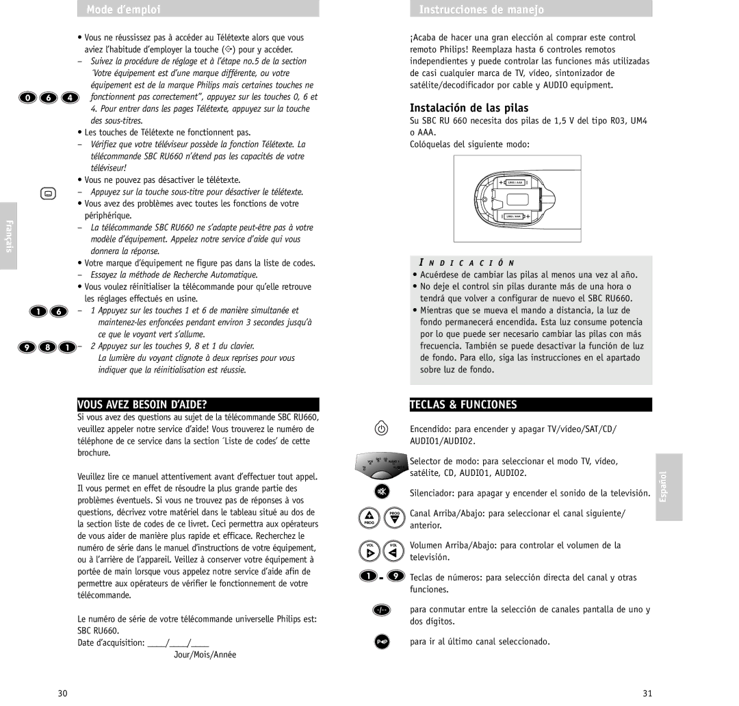 Philips RU/660/00 manual Mode d’emploi Instrucciones de manejo, Instalación de las pilas, Vous Avez Besoin D’AIDE?, Español 