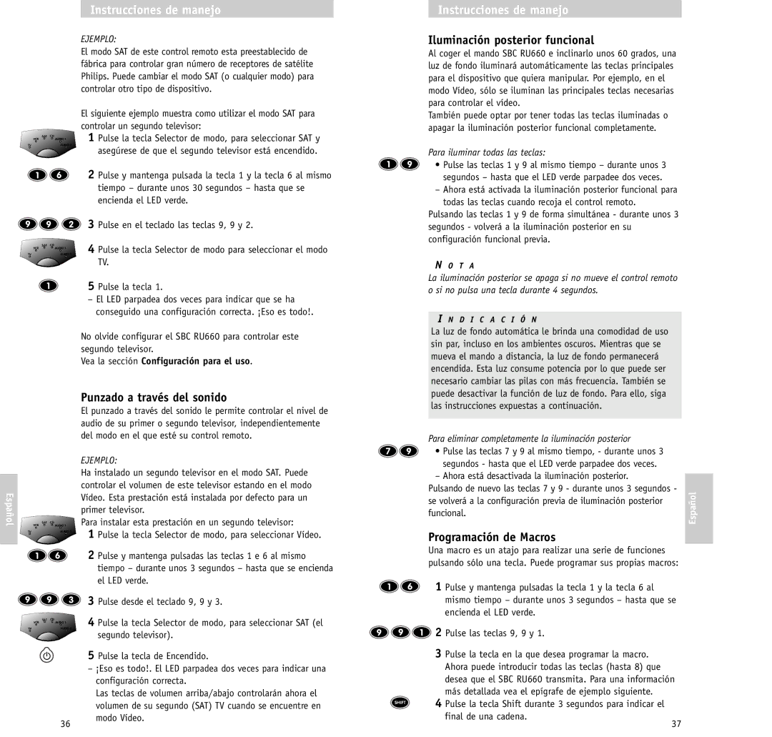 Philips RU/660/00 manual Iluminación posterior funcional, Punzado a través del sonido, Programación de Macros 