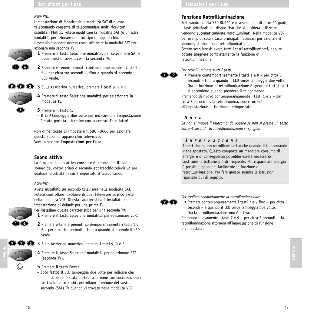 Philips RU/660/00 Funzione Retroilluminazione, Suono attivo, Esempio, Sulla tastierina numerica, premere i tasti 9, 9 e 