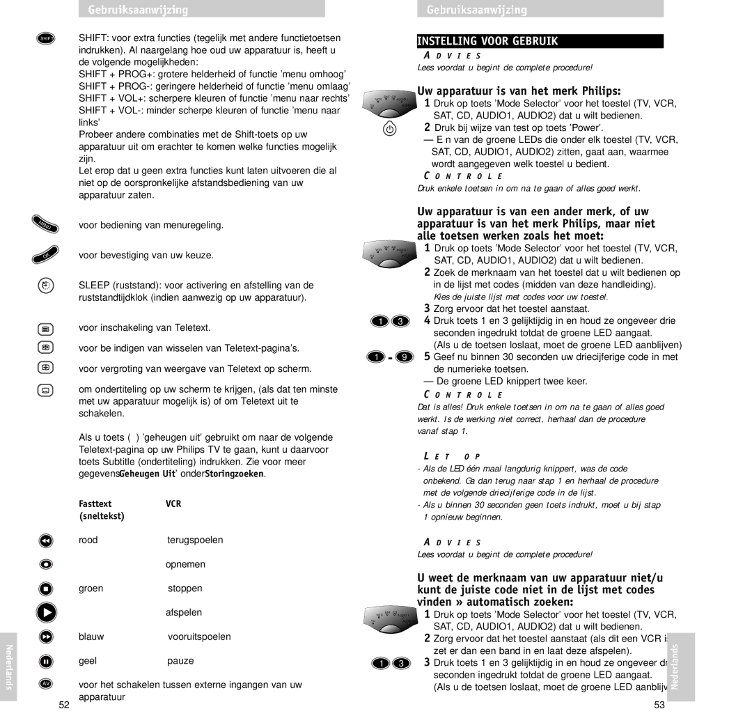 Philips RU/660/00 manual Instelling Voor Gebruik, Uw apparatuur is van het merk Philips, FasttextVCR sneltekst 