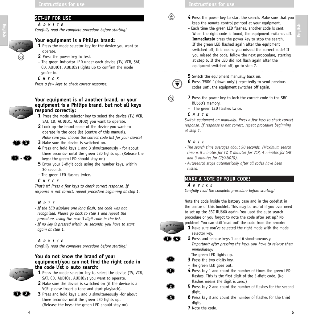 Philips RU/660/00 manual SET-UP for USE, Your equipment is a Philips brand, Make a Note of Your Code 