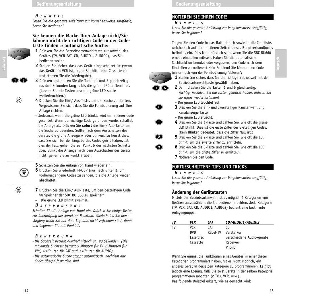 Philips RU/660/00 manual Notieren SIE Ihren Code, Fortgeschrittene Tips UND Tricks, Änderung der Gerätetasten 