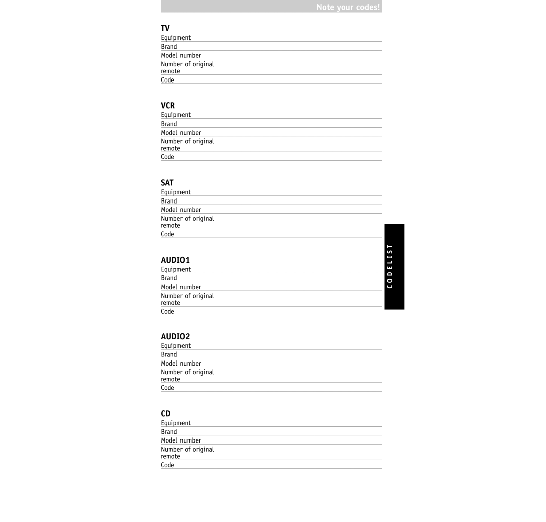 Philips RU660/00 manual AUDIO2, Equipment Brand Model number Number of original remote Code 