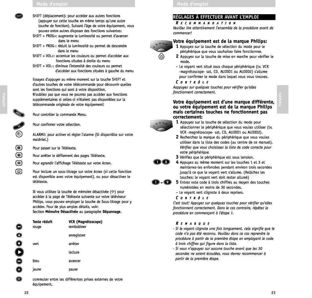 Philips RU/660/00 manual Mode d’emploi RÉGLAGES À EFFECTUER AVANT L’EMPLOI, Français, Texte réduit 
