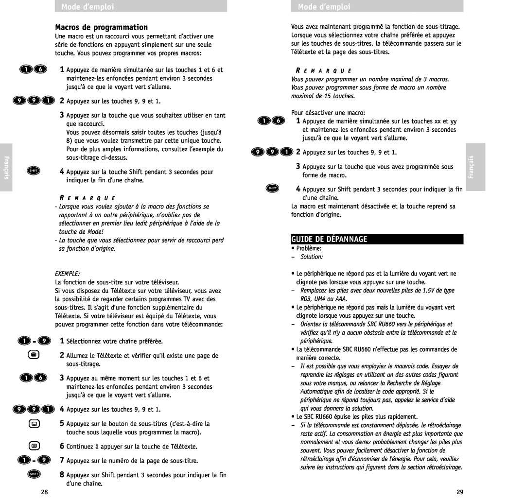 Philips RU/660/00 manual Macros de programmation, Guide De Dépannage, 1 2 Appuyez sur les touches 9, 9 et, forme de macro 