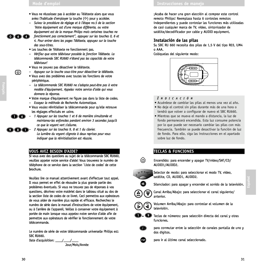 Philips RU/660/00 Instrucciones de manejo, Instalación de las pilas, Vous Avez Besoin D’Aide?, Teclas & Funciones, Español 