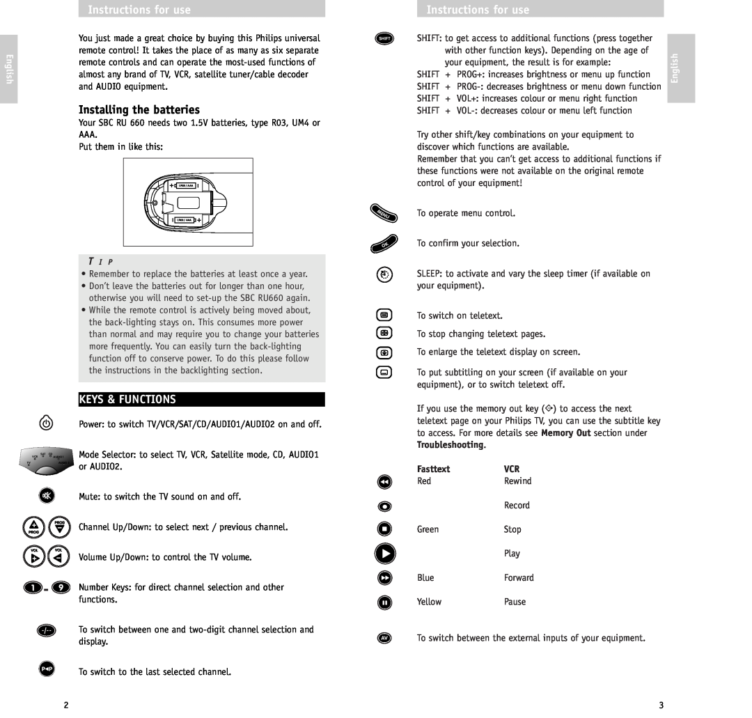 Philips RU/660/00 manual Instructions for use, Installing the batteries, Keys & Functions, English, FasttextVCR 