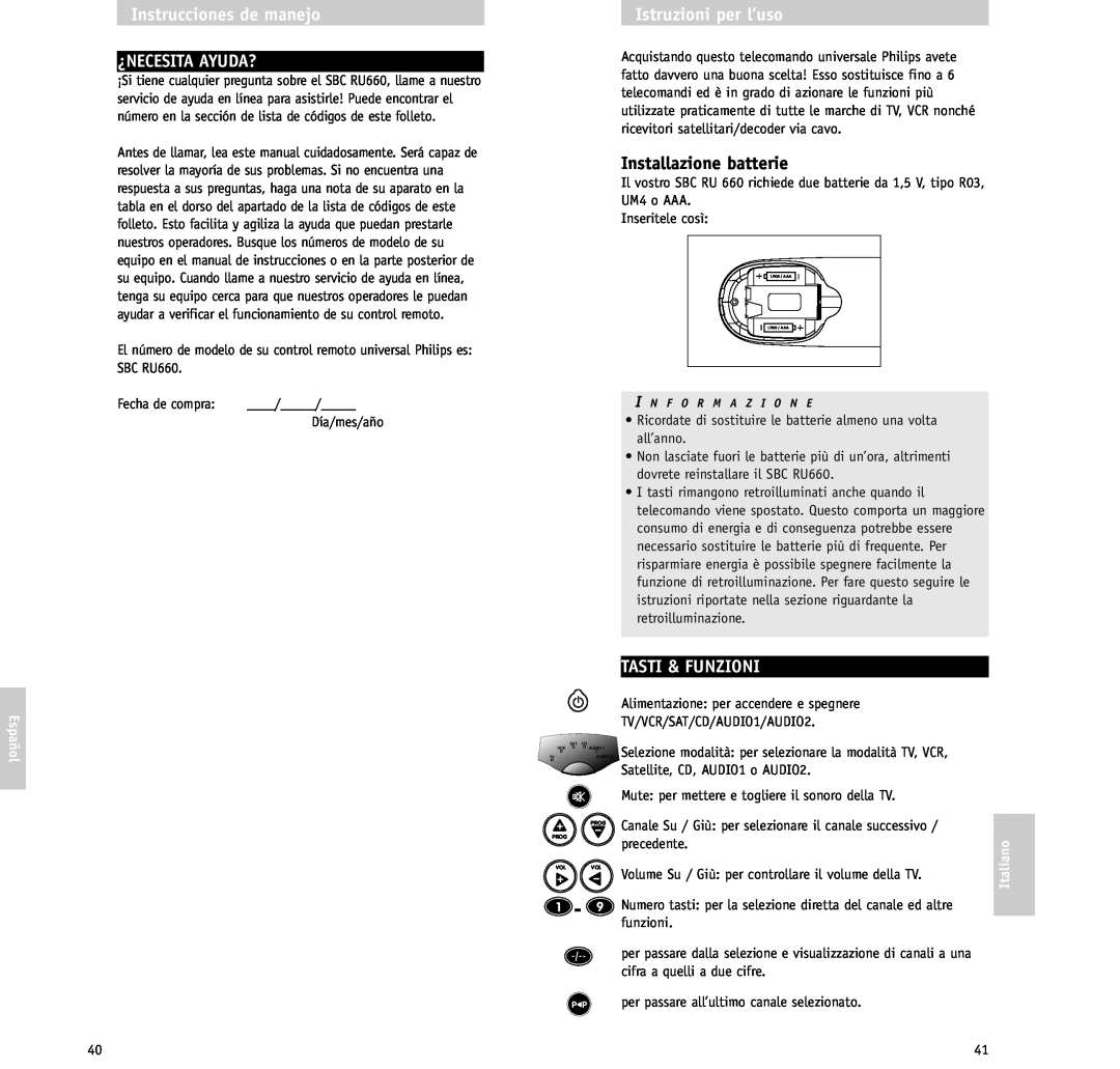 Philips RU/660/00 Instrucciones de manejo ¿NECESITA AYUDA?, Istruzioni per l’uso, Installazione batterie, Tasti & Funzioni 