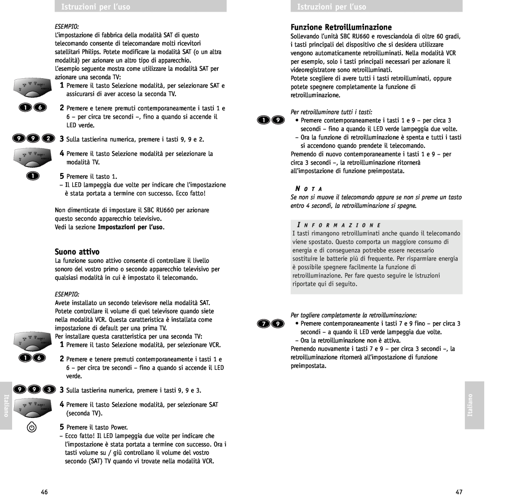 Philips RU/660/00 manual Funzione Retroilluminazione, Suono attivo, Esempio, Per retroilluminare tutti i tasti, Italiano 
