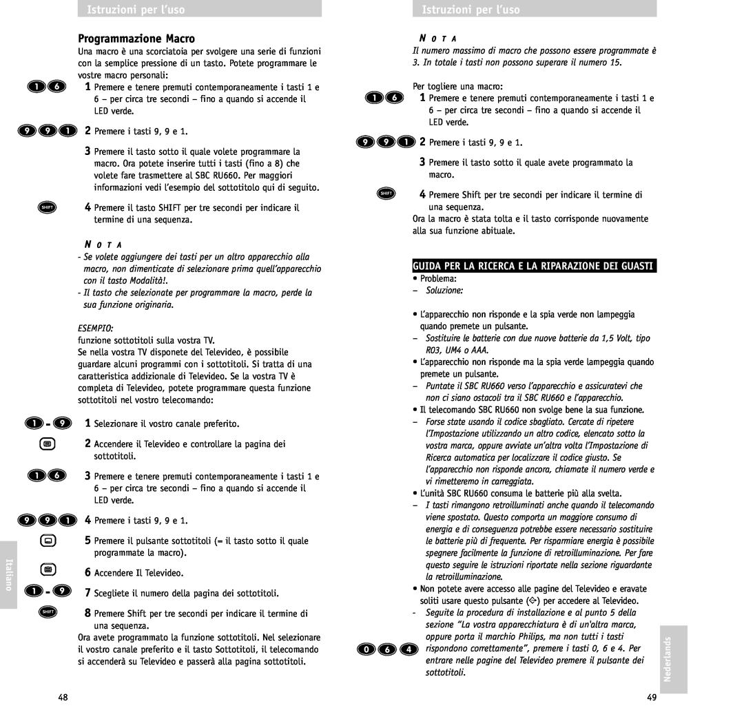 Philips RU/660/00 manual Programmazione Macro, Guida Per La Ricerca E La Riparazione Dei Guasti, Soluzione, della, Italiano 