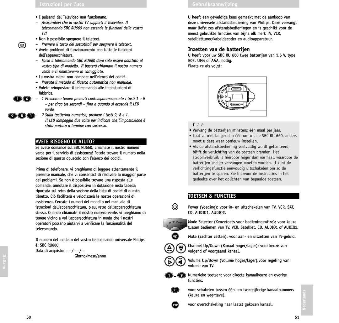 Philips RU/660/00 Avete Bisogno Di Aiuto?, Gebruiksaanwijzing, Inzetten van de batterijen, Toetsen & Functies, Nederlands 