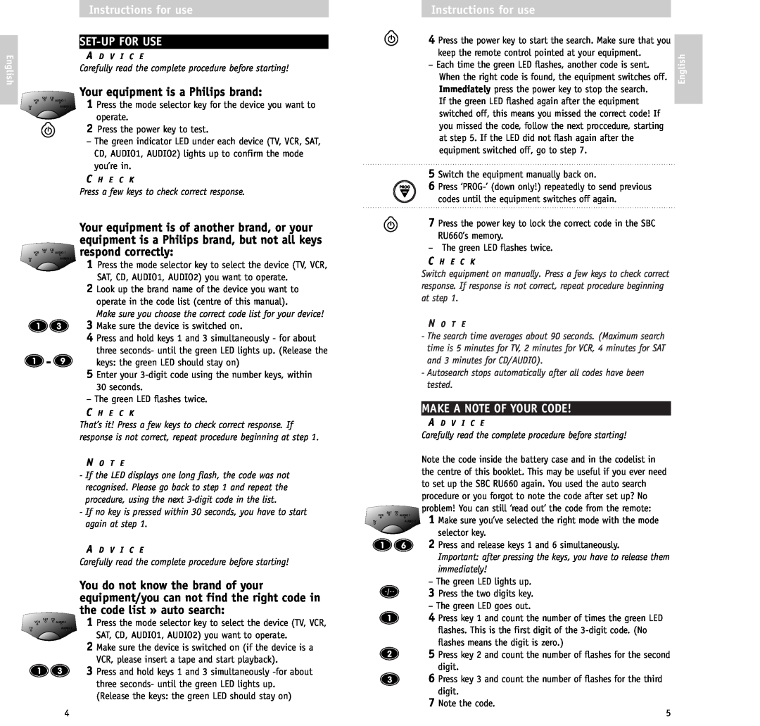 Philips RU/660/00 manual Instructions for use SET-UP FOR USE, Your equipment is a Philips brand, Make A Note Of Your Code 