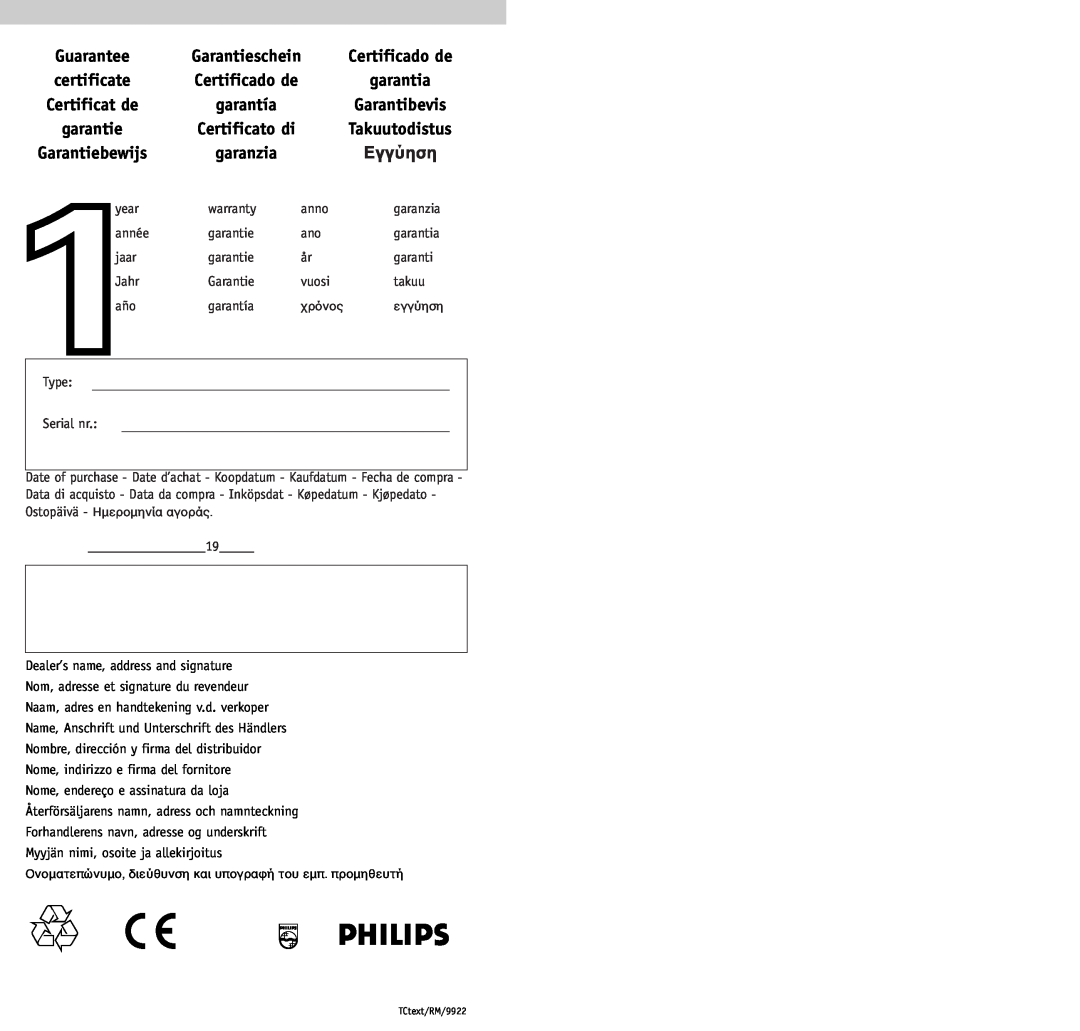 Philips RU/660/00 ¶ççàèóè, Certificado de, certificate, Certificat de, garantía, Garantibevis, Certificato di, Guarantee 
