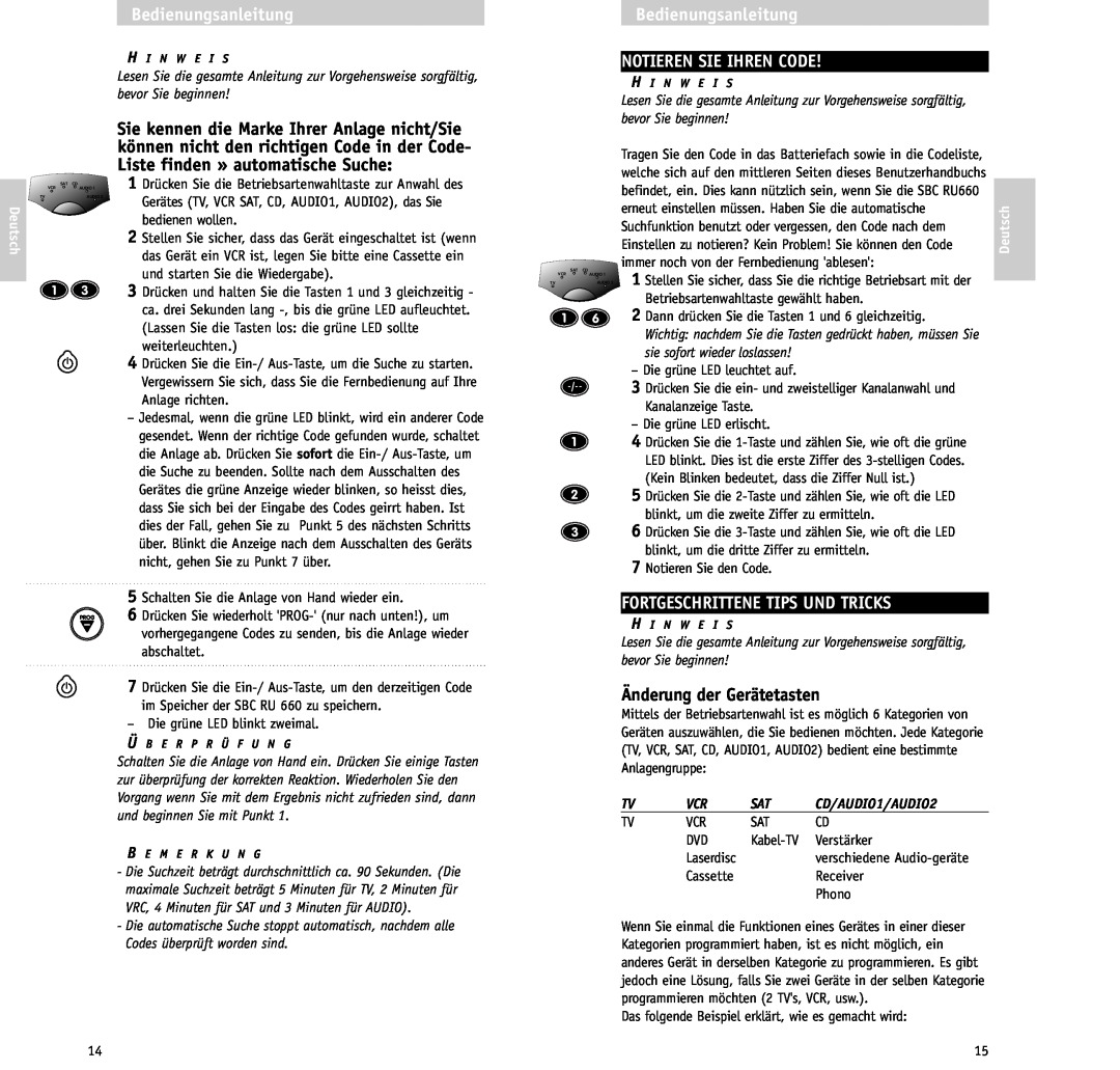 Philips RU/660/00 manual Notieren Sie Ihren Code, Fortgeschrittene Tips Und Tricks, Änderung der Gerätetasten, Deutsch 
