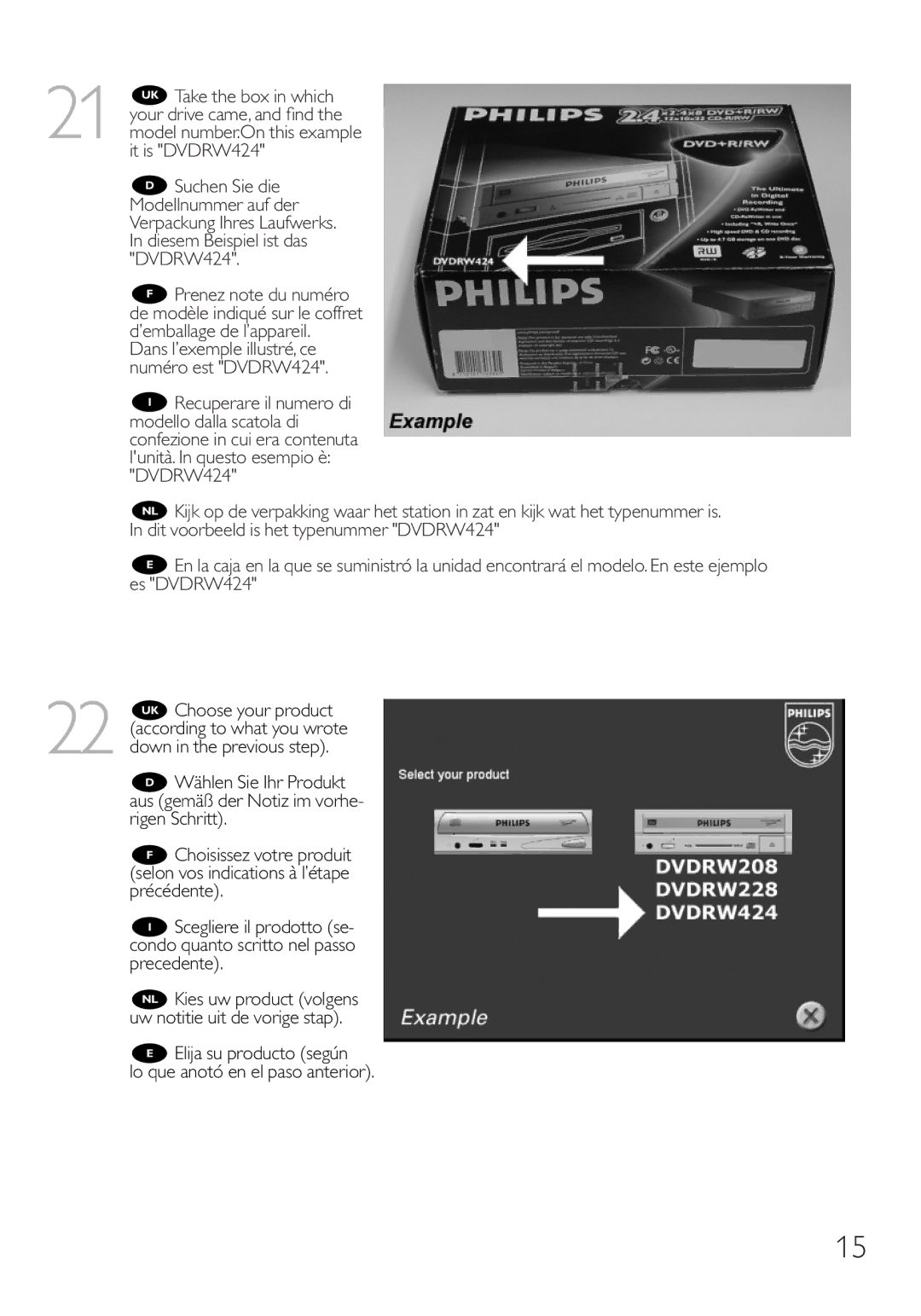 Philips RWDV3212 manual Elija su producto según Lo que anotó en el paso anterior 