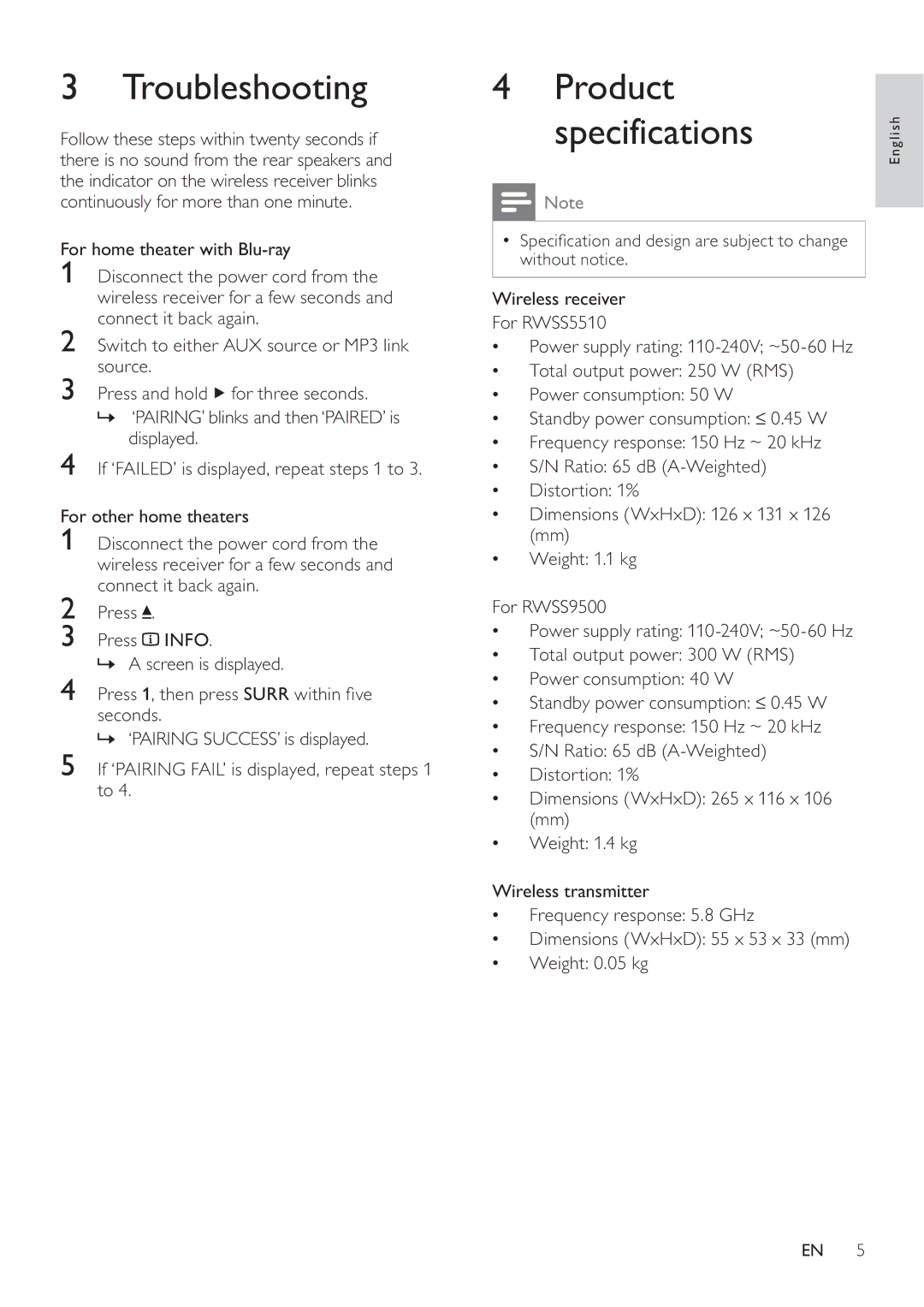 Philips RWSS9500, RWSS5510 user manual Troubleshooting, Product specifications 