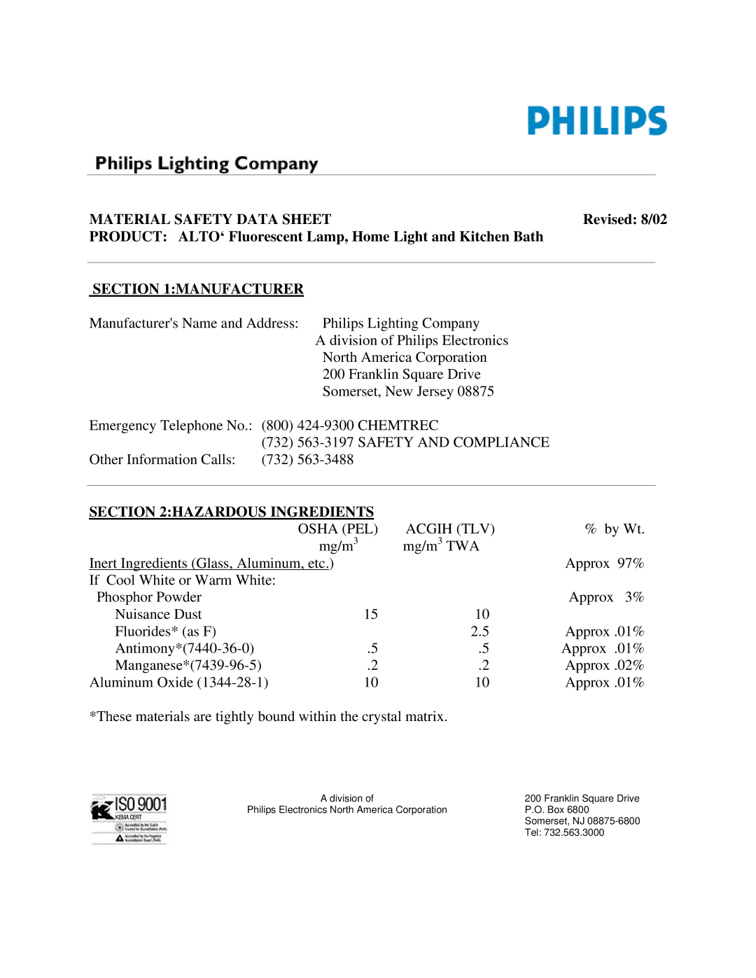 Philips S06-01001 manual Material Safety Data Sheet, Manufacturer, Hazardous Ingredients 