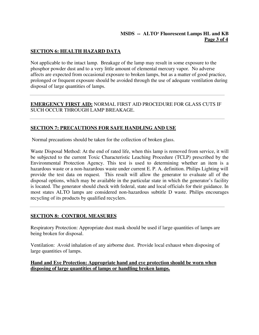 Philips S06-01001 manual Health Hazard Data, Precautions for Safe Handling and USE, Control Measures 