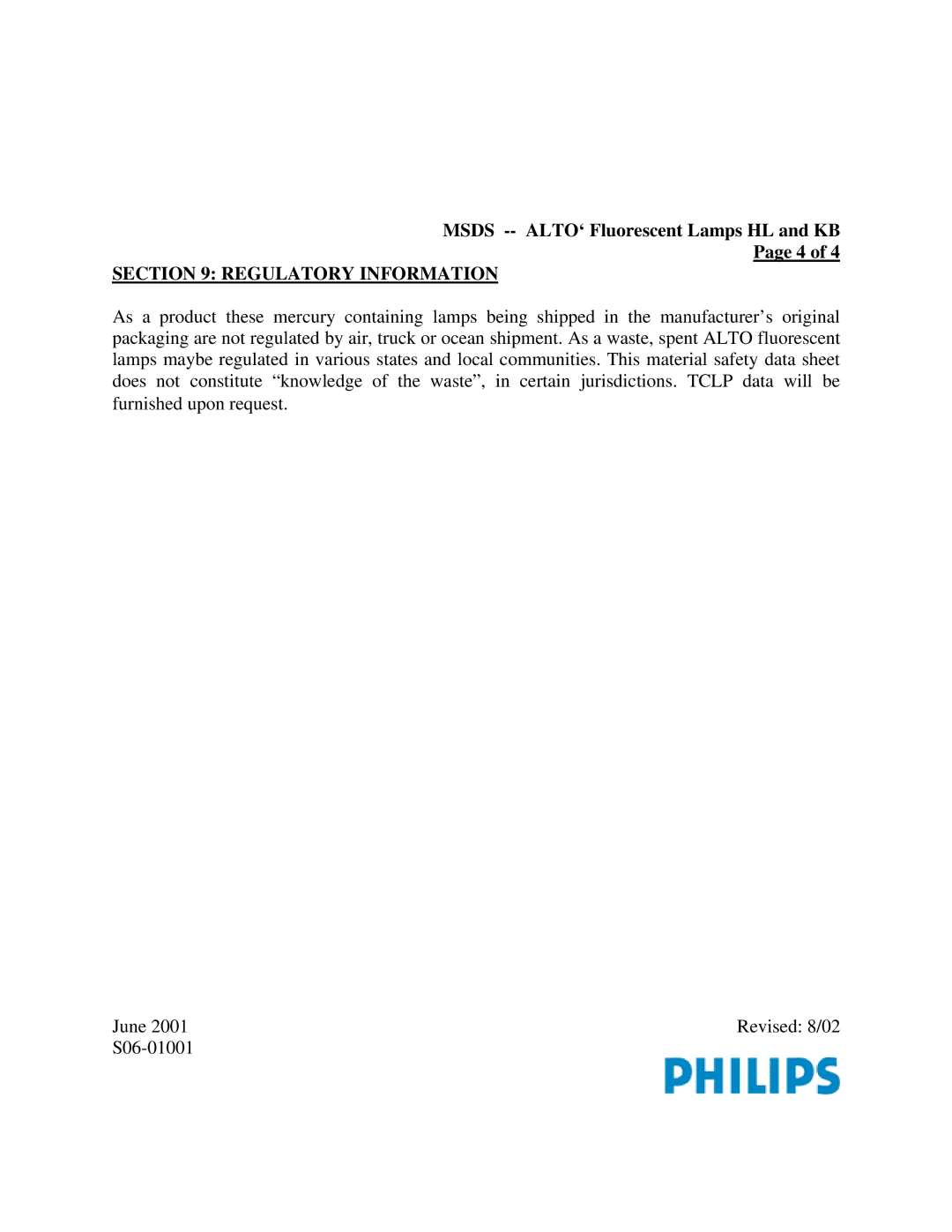 Philips S06-01001 manual Regulatory Information 