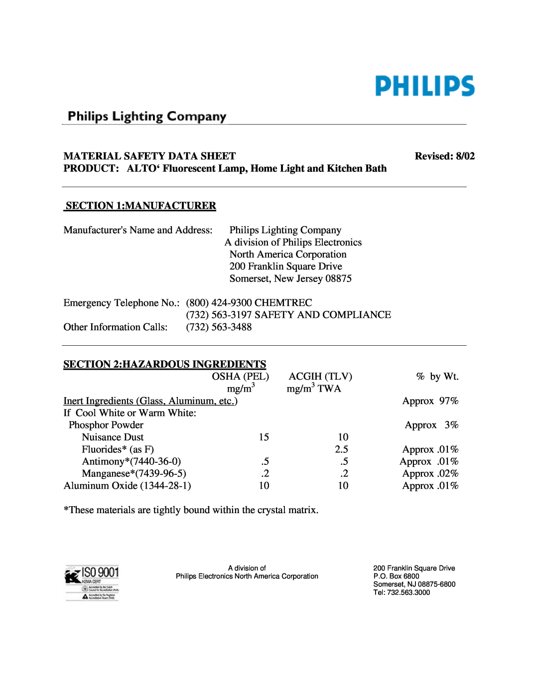 Philips S06-01001 manual Material Safety Data Sheet, Manufacturer, Hazardous Ingredients 