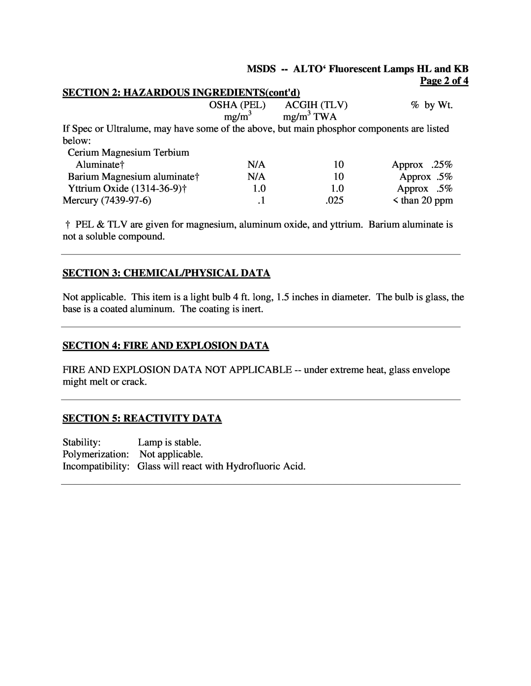Philips S06-01001 MSDS --ALTO‘ Fluorescent Lamps HL and KB, Page 2 of, HAZARDOUS INGREDIENTScontd, Chemical/Physical Data 