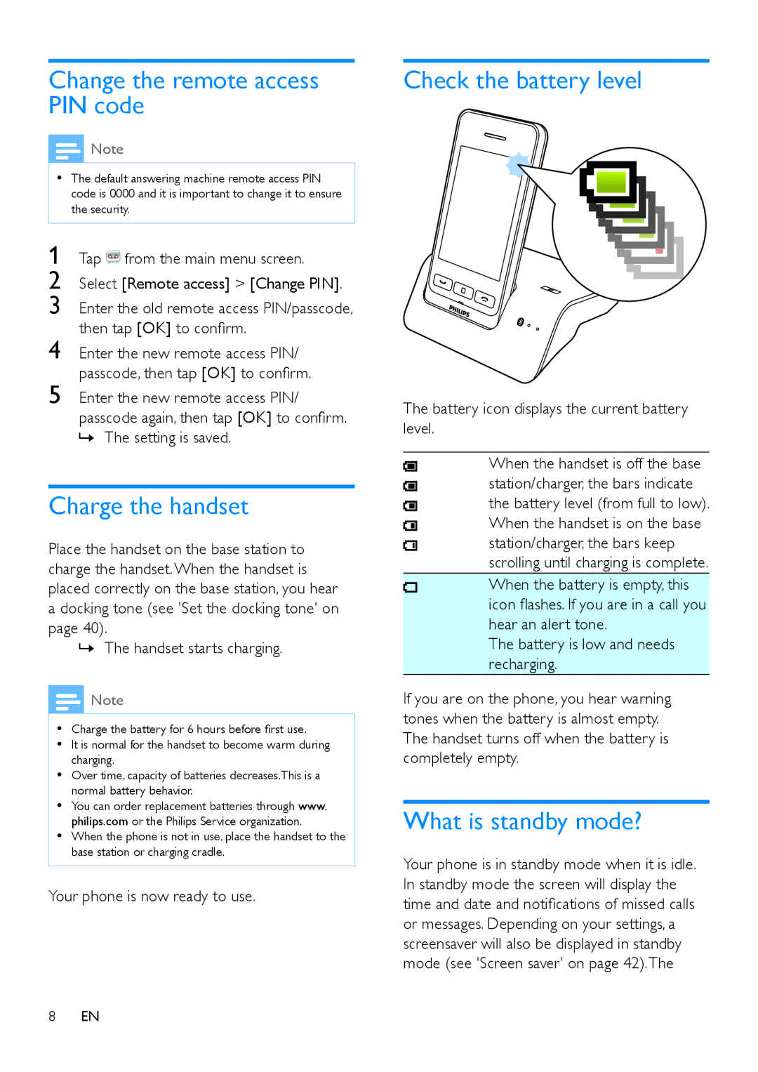 Philips s10, S10A Change the remote access PIN code, Charge the handset, Check the battery level, What is standby mode? 