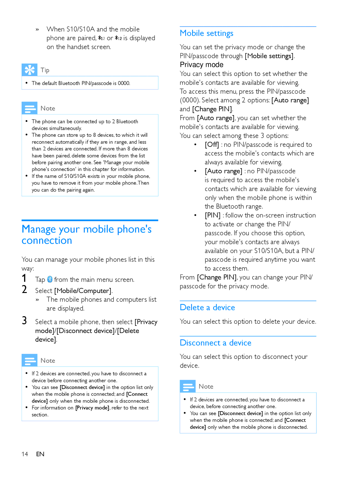 Philips s10, S10A user manual Manage your mobile phones connection, Mobile settings, Delete a device, Disconnect a device 