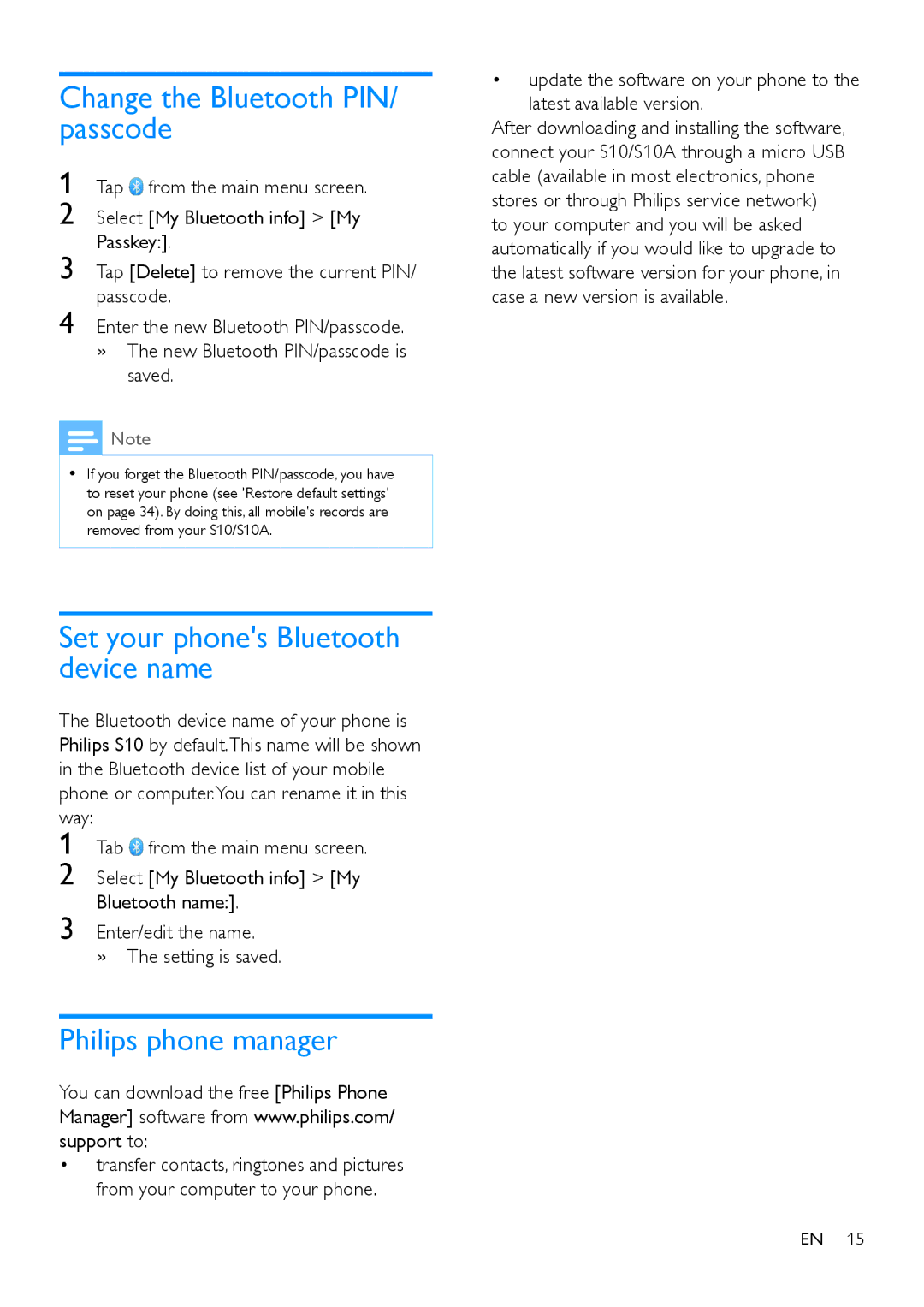 Philips S10A, s10 Change the Bluetooth PIN/ passcode, Set your phones Bluetooth device name, Philips phone manager 