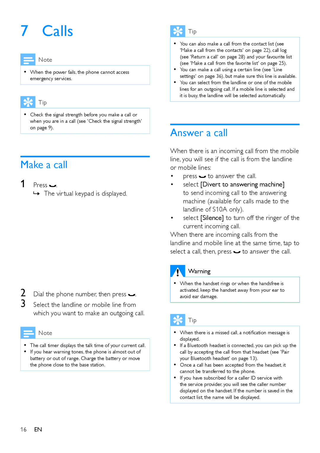 Philips s10, S10A user manual Calls, Make a call, Answer a call 