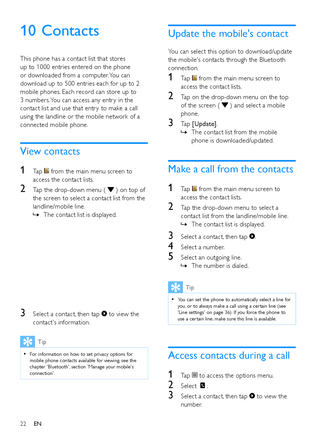 Philips s10, S10A user manual Contacts, View contacts, Update the mobiles contact, Make a call from the contacts 