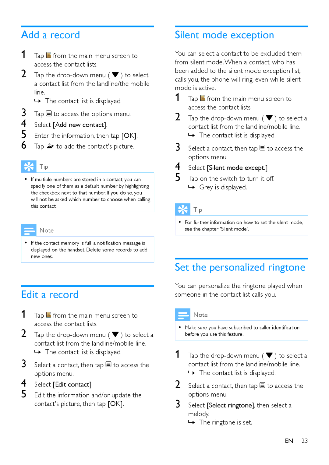 Philips S10A, s10 user manual Add a record, Edit a record, Silent mode exception, Set the personalized ringtone 