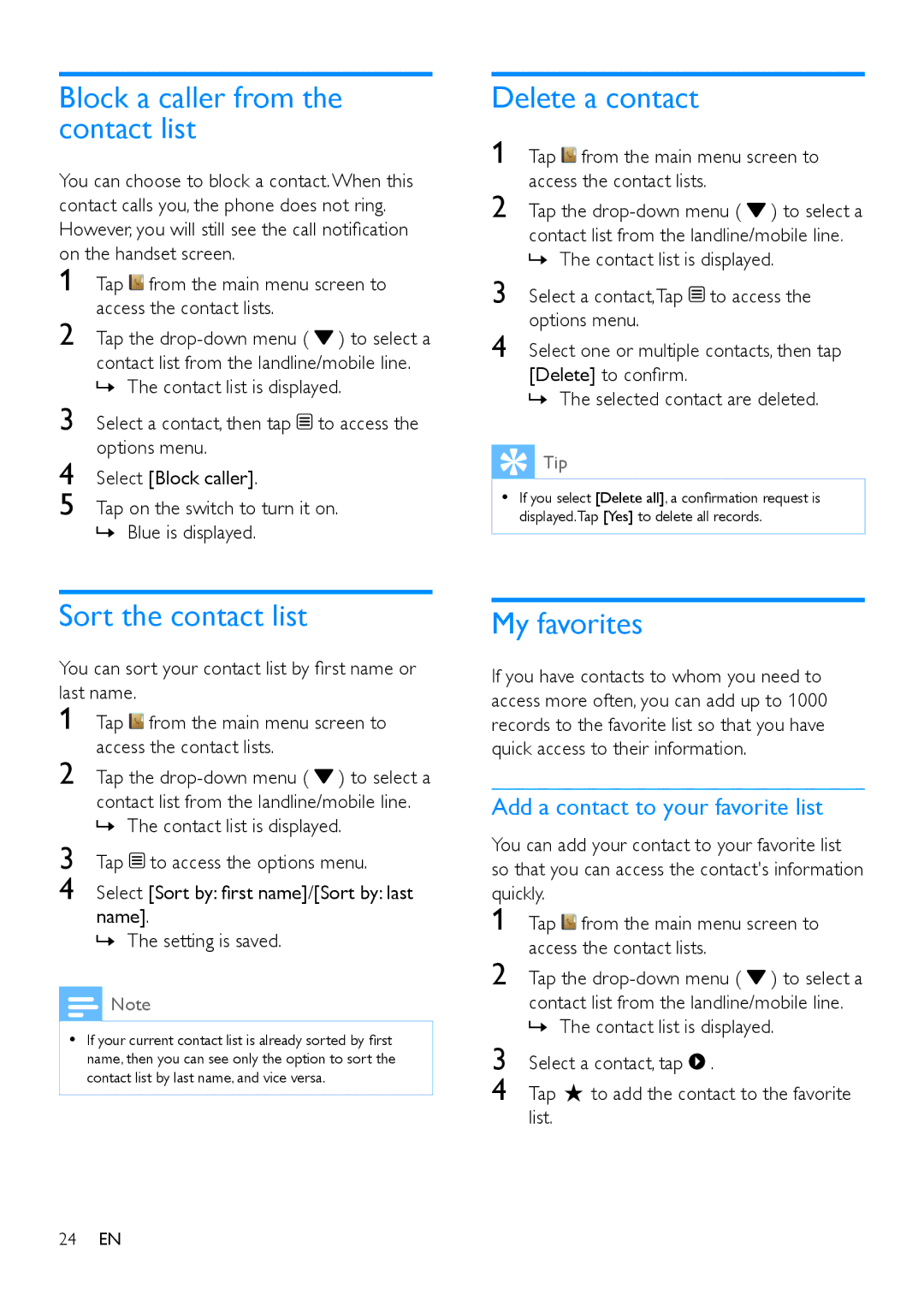 Philips s10, S10A user manual Block a caller from the contact list, Sort the contact list, Delete a contact, My favorites 