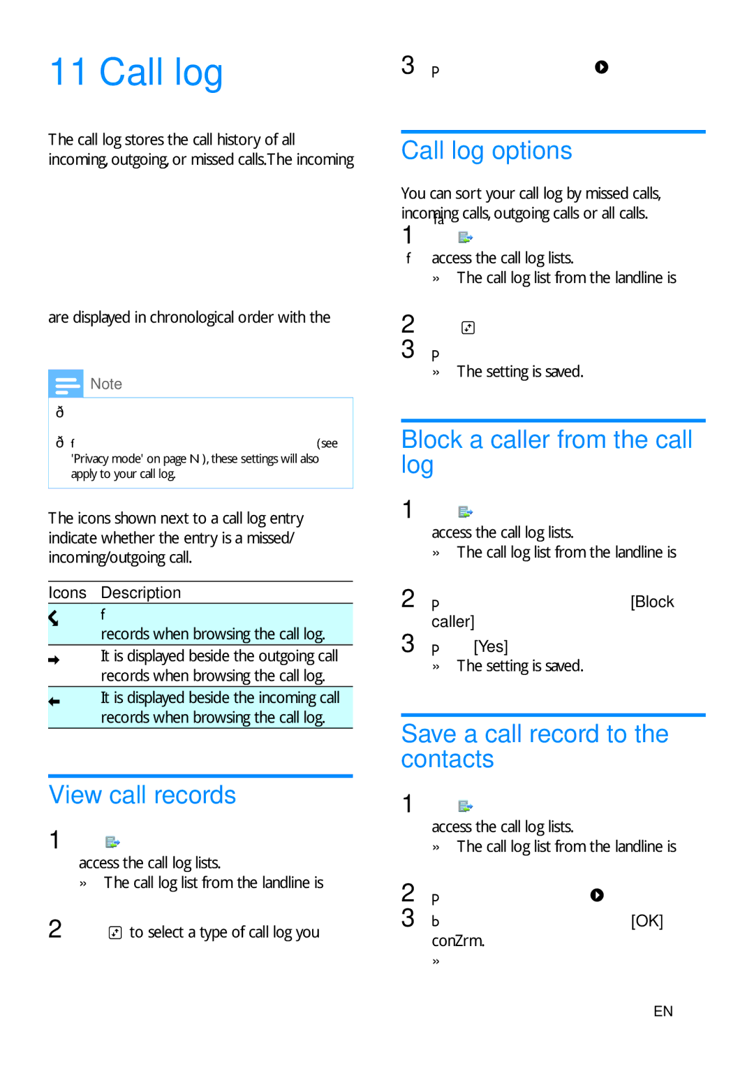 Philips S10A View call records, Call log options, Block a caller from the call log, Save a call record to the contacts 