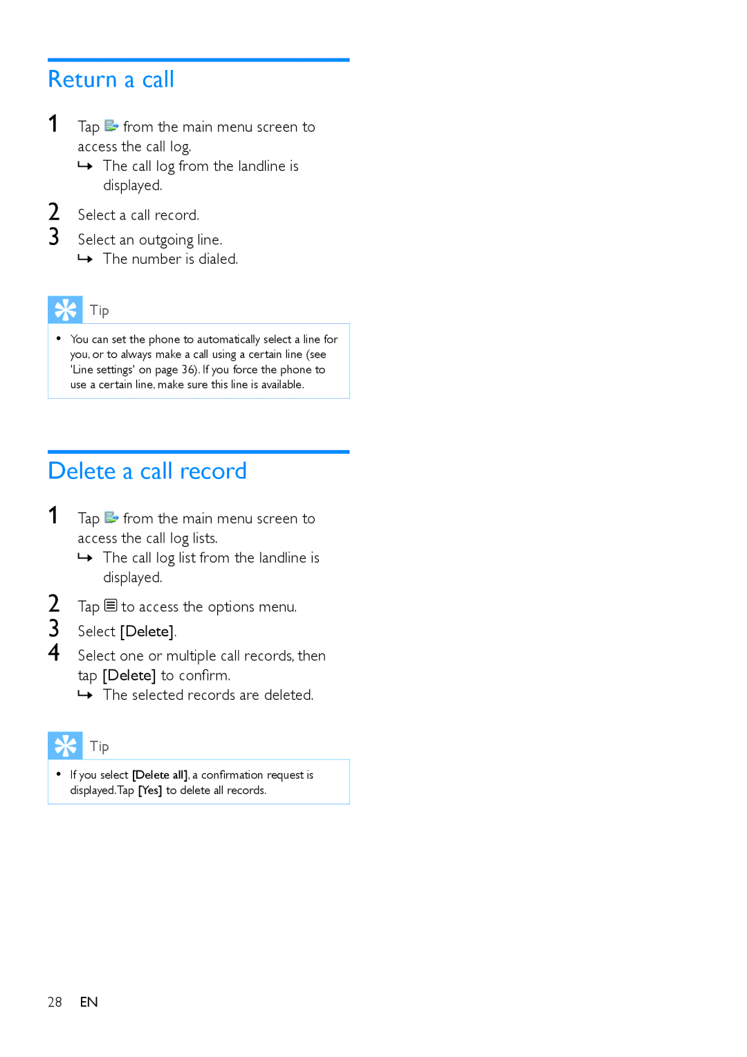 Philips s10, S10A user manual Return a call, Delete a call record 