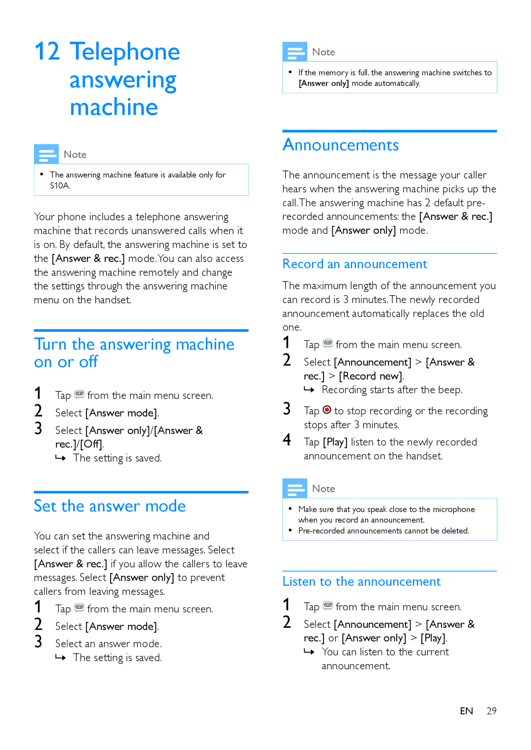 Philips S10A, s10 Turn the answering machine on or off, Set the answer mode, Announcements, Record an announcement 