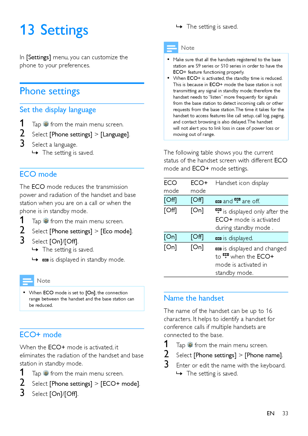 Philips S10A, s10 user manual Settings, Phone settings, Set the display language, Name the handset 