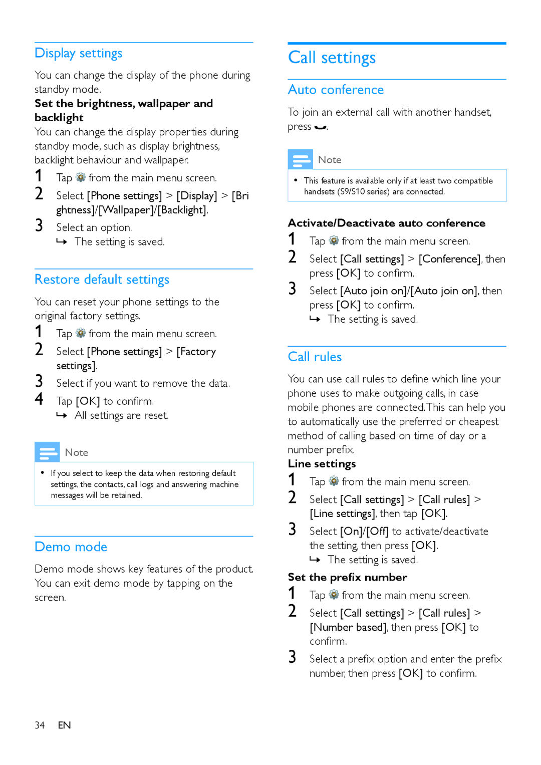 Philips s10, S10A user manual Call settings 