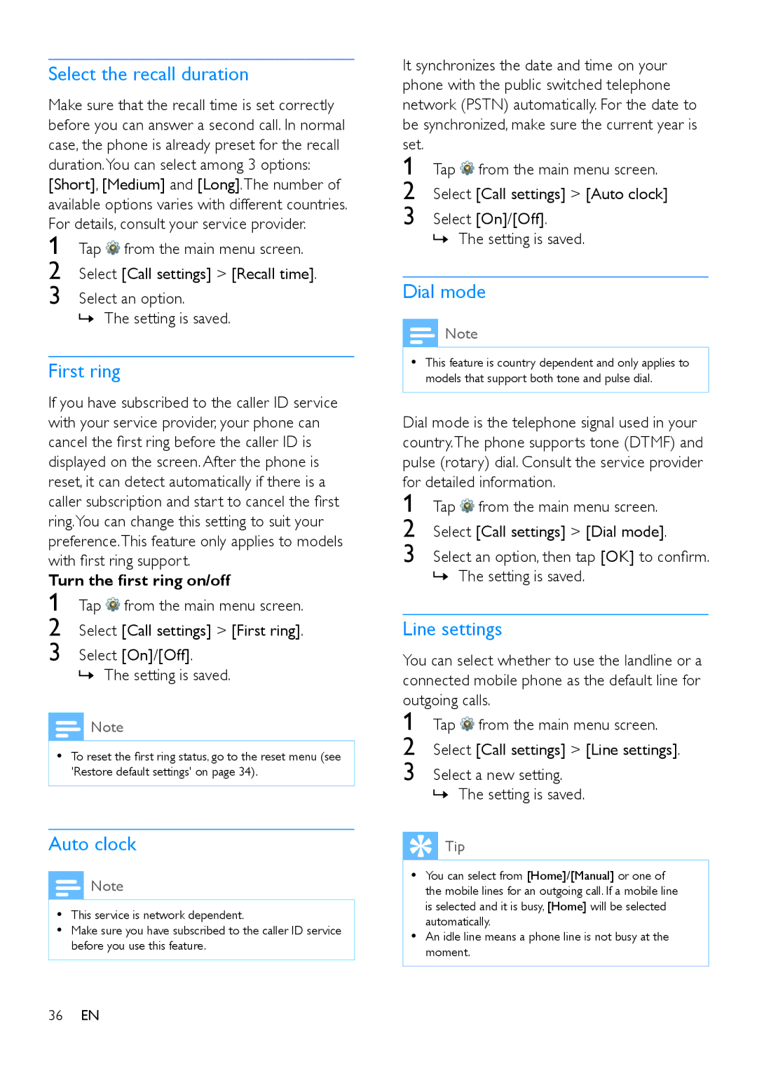 Philips s10, S10A user manual Select the recall duration, First ring, Auto clock, Dial mode, Line settings 