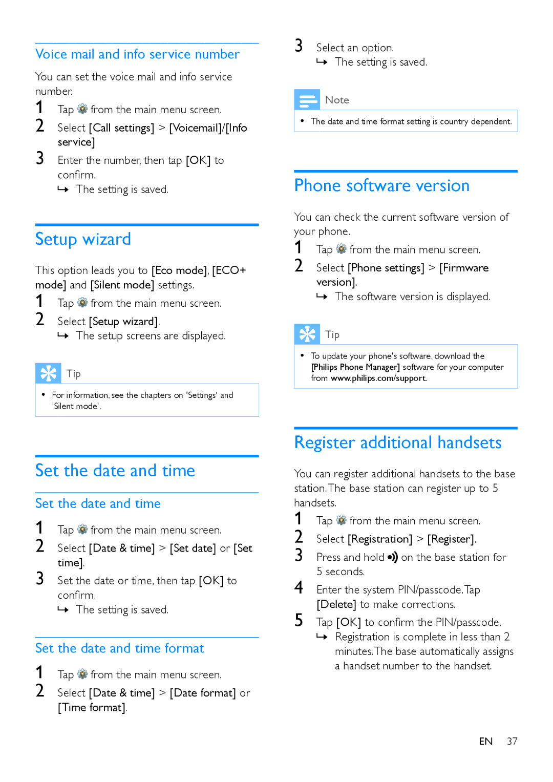 Philips S10A, s10 user manual Setup wizard, Set the date and time, Phone software version, Register additional handsets 