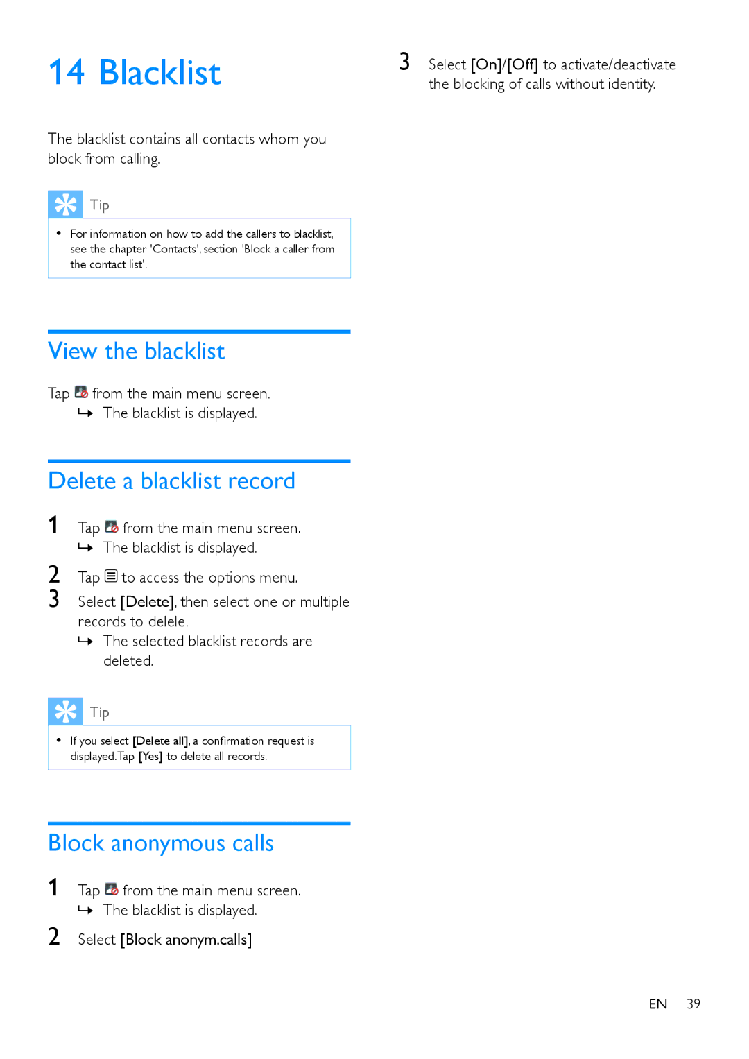 Philips S10A, s10 user manual Blacklist, View the blacklist, Delete a blacklist record, Block anonymous calls 