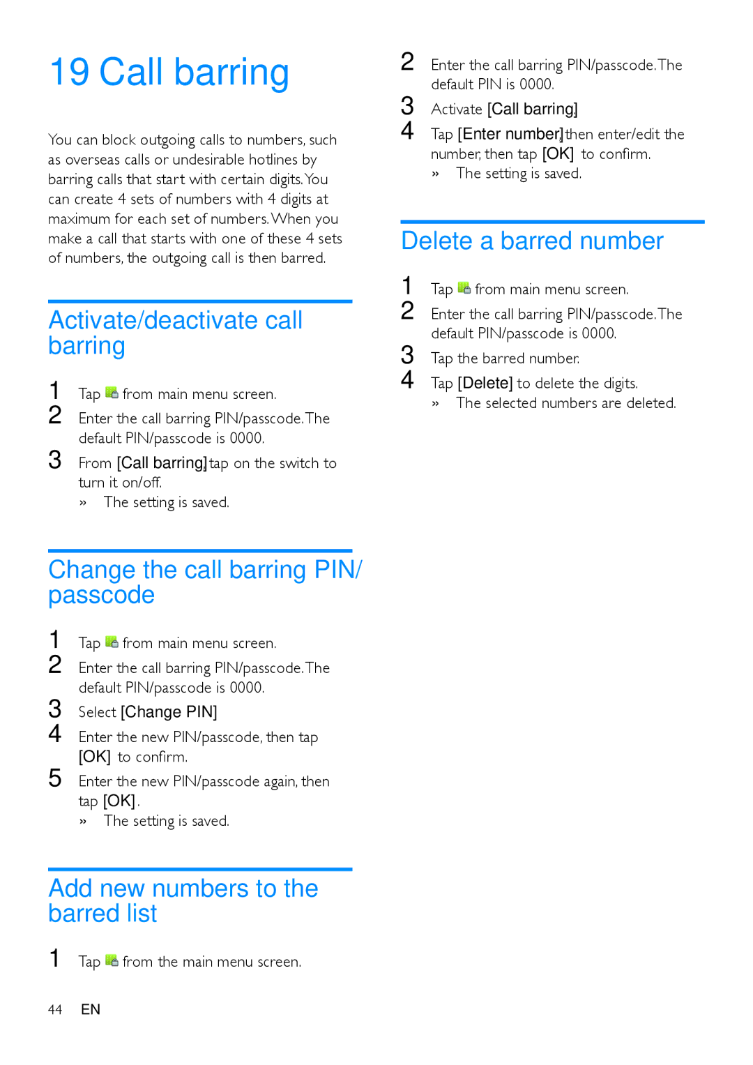 Philips s10 Call barring, Activate/deactivate call barring, Change the call barring PIN/ passcode, Delete a barred number 